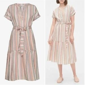 NEW! GAP Linen Cotton Ruffle Midi Dress in MULTI STRIPED (16)